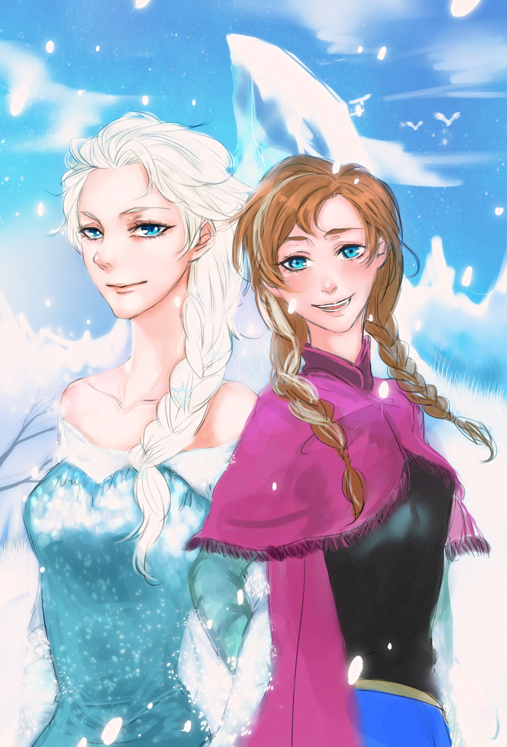 anna_(frozen) blue_eyes braid brown_hair cape collarbone dress elsa_(frozen) fengyoung frozen_(disney) highres lipstick long_hair makeup multiple_girls open_mouth ponytail princess queen siblings sisters smile snow twin_braids white_hair