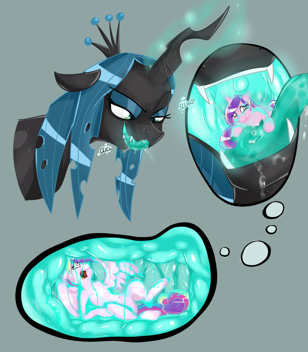 changeling chubbyjam duo equine female feral friendship_is_magic fur hair half-closed_eyes horn horse magic mammal my_little_pony open_mouth pink_fur pony princess_cadance_(mlp) queen_chrysalis_(mlp) saliva shrabby teeth tongue vorarephilia vore winged_unicorn wings