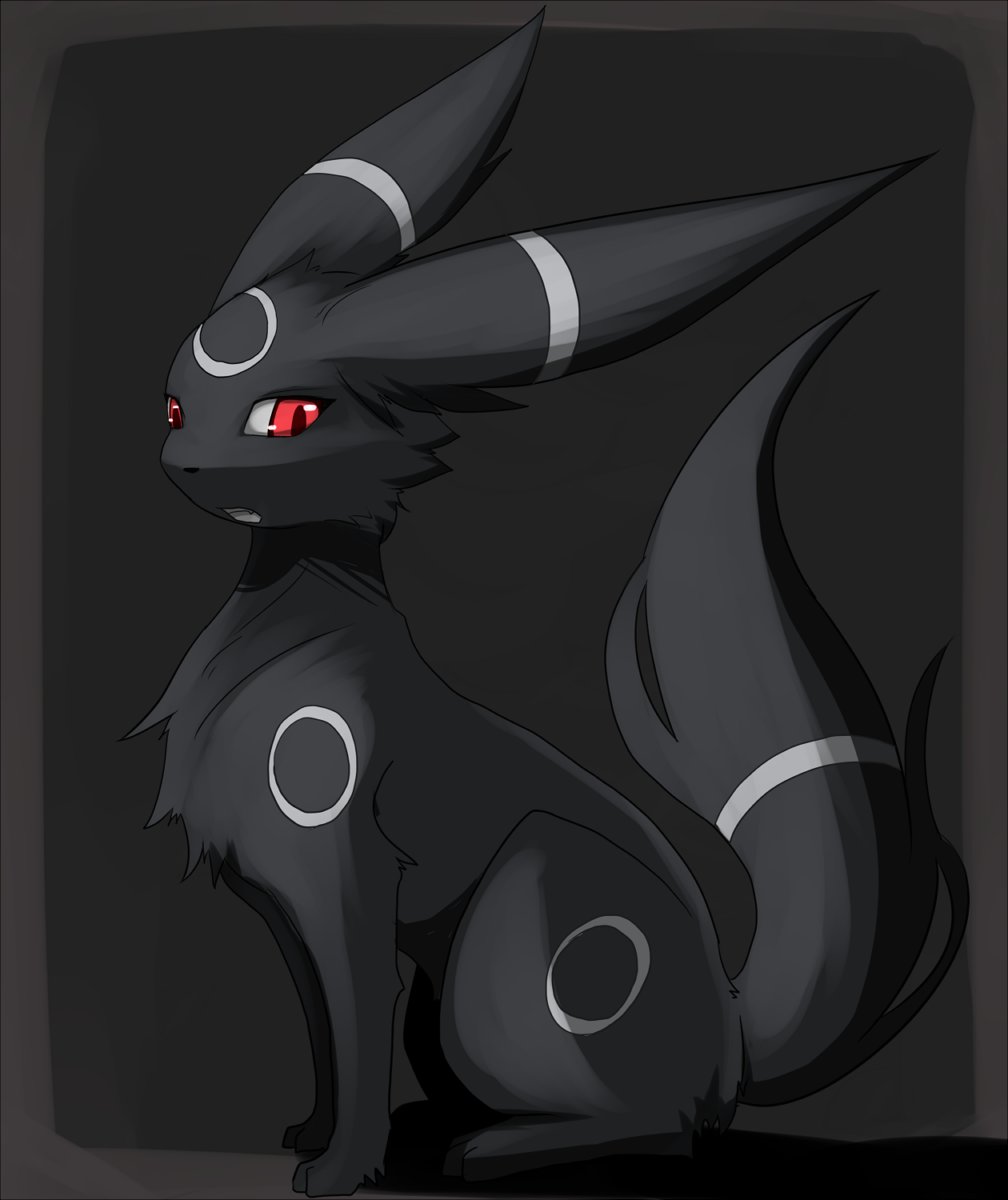 ambiguous_gender black_background black_fur black_nose canine eeveelution feral fur katoa_shippo long_ears looking_at_viewer mammal nintendo open_mouth paws plain_background pok&#233;mon pok&eacute;mon raised_tail red_eyes sitting solo teeth umbreon video_games
