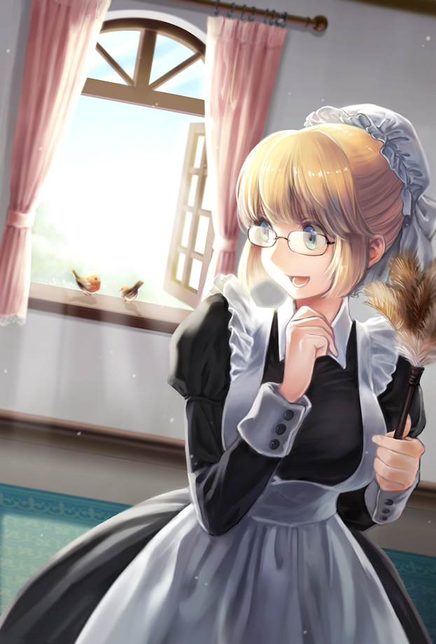 :d apron bad_id bad_pixiv_id bird blonde_hair blue_eyes breasts cleaning curtains dress glasses hat large_breasts long_hair maid maid_cap open_mouth original smile solo tarou_(mozukusanwakamesan) victorian_maid waist_apron window