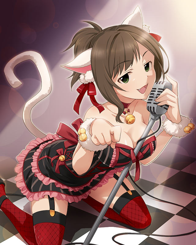 animal_ears artist_request bell breasts brown_hair cat_ears checkered checkered_floor cleavage dress fang garter_straps green_eyes idolmaster idolmaster_cinderella_girls jingle_bell jpeg_artifacts large_breasts maekawa_miku microphone_stand official_art paw_pose ponytail ribbon smile solo star tail