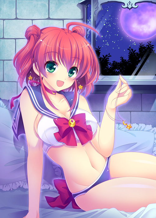 ahoge alice_wishheart alternate_hairstyle arm_support back_bow bed bishoujo_senshi_sailor_moon blue_panties blue_sailor_collar blush bow bra breasts brooch choker cleavage cosplay double_bun earrings fang full_moon green_eyes jewelry large_breasts looking_at_viewer magical_halloween moon navel night open_mouth panties pillow pink_hair purple_moon red_bow red_choker ribbon sailor_collar sailor_moon sailor_moon_(cosplay) sailor_moon_narikiri_bra_set sailor_senshi_uniform shiny shiny_skin short_hair smile solo star star_earrings stomach tokinon underwear underwear_only window