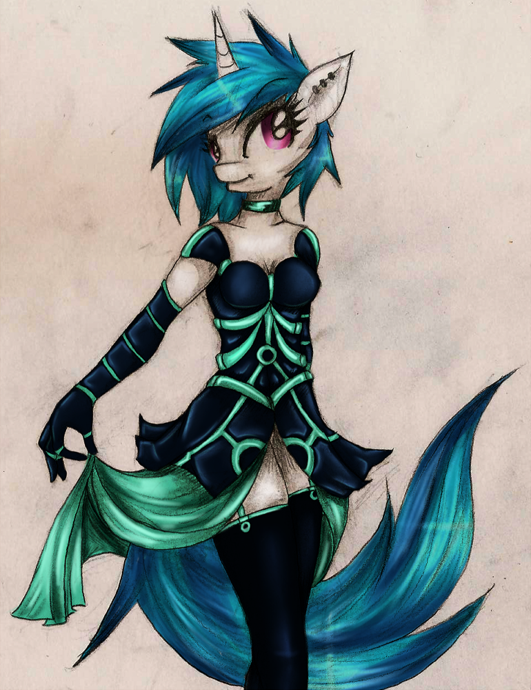 anthro anthrofied blue_hair breasts cleavage clothed clothing dress elbow_gloves equine female friendship_is_magic gloves hair horn kairaanix legwear mammal my_little_pony piercing purple_eyes solo standing stockings two_tone_hair unicorn vinyl_scratch_(mlp)