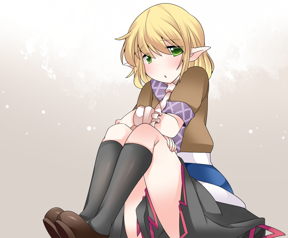 black_legwear blonde_hair commentary_request green_eyes hammer_(sunset_beach) looking_at_viewer mizuhashi_parsee pointy_ears short_hair sitting sitting_on_person skirt solo touhou