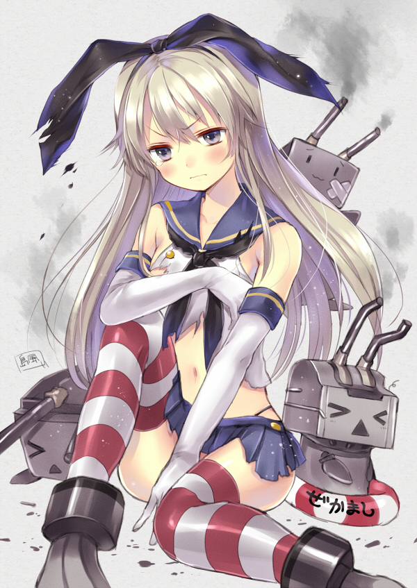 &gt;_&lt; :3 blonde_hair blush closed_eyes elbow_gloves gloves hairband hanekoto kantai_collection lifebuoy long_hair navel rensouhou-chan shimakaze_(kantai_collection) skirt striped striped_legwear tears thighhighs torn_clothes torn_skirt wavy_mouth white_gloves