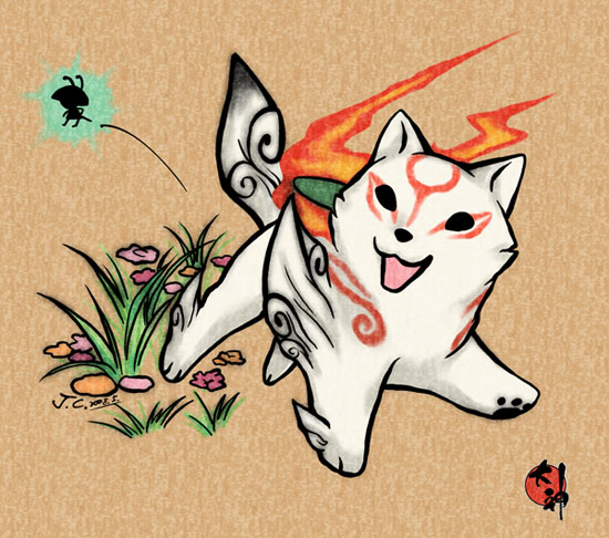 animal_ears animal_focus artist_request chibi chibiterasu dog issun no_humans ookami_(game) puppy tattoo white_hair wolf