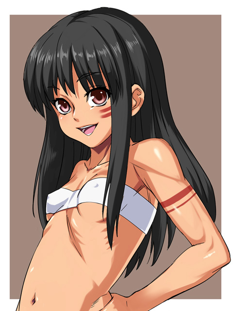 bad_id bad_pixiv_id bandeau black_hair brown_eyes copyright_request covered_nipples flat_chest long_hair muscle nyamota ribs skinny solo strapless tubetop