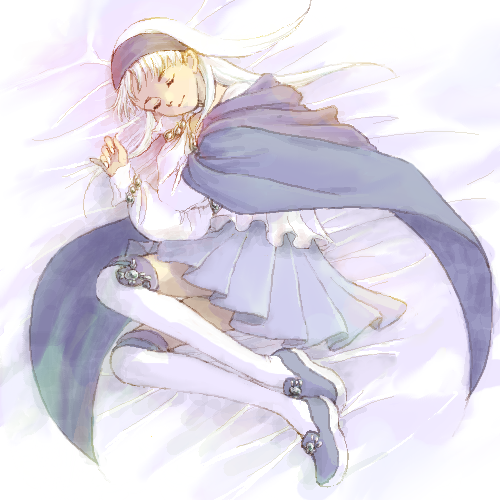 boots cape closed_eyes gensou_suikoden gensou_suikoden_ii hairband lowres sakai_yume sierra_mikain silver_hair skirt sleeping solo thigh_boots thighhighs vampire