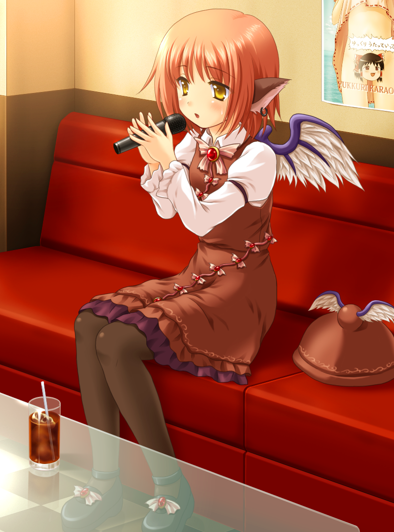 animal_ears artist_self-reference blush censored convenient_censoring dress dress_lift drink earrings hakurei_reimu hat hat_removed headwear_removed inaba_tewi jewelry karaoke microphone mystia_lorelei no_panties novelty_censor poster_(object) red_hair short_hair sitting solo table thighhighs touhou translated wings yamasan yellow_eyes yukkuri_shiteitte_ne