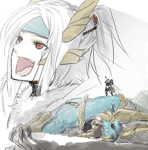 choker claws cliff death eyelashes fangs fur_trim happy helm helmet horns lying monster_hunter on_side open_mouth poaro polearm ponytail projected_inset red_eyes solo sunlight tears victory weapon white_hair zinogre zinogre_(armor)
