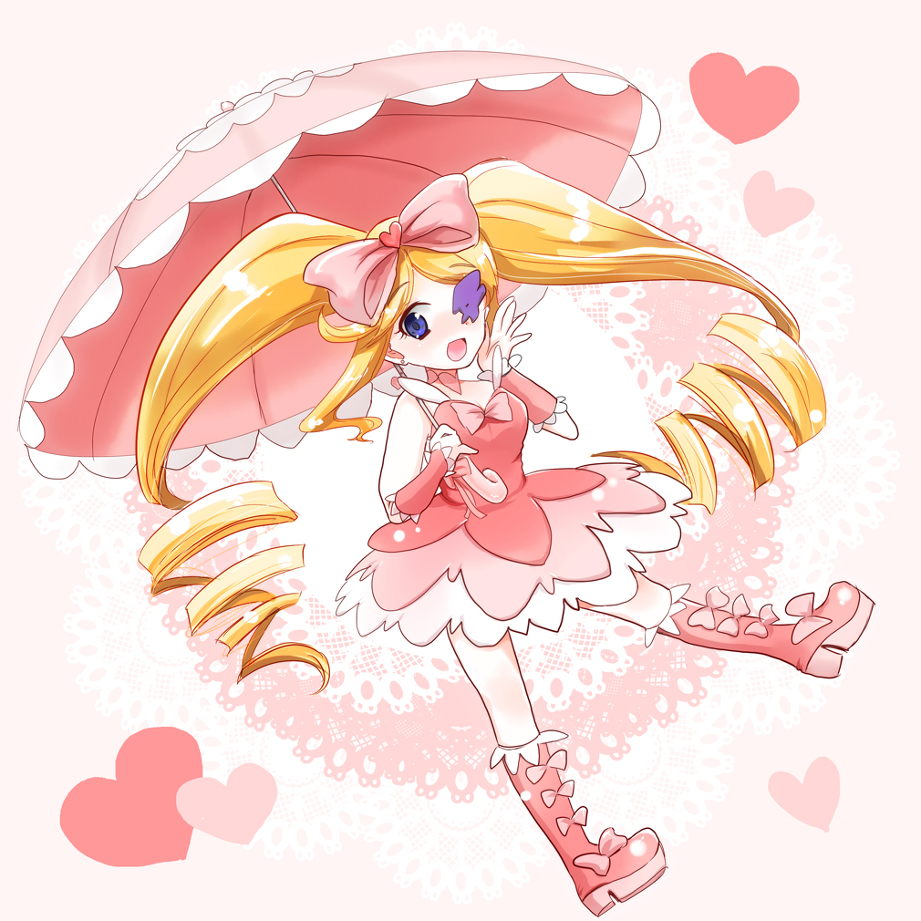 :d blonde_hair blue_eyes boots bow choker dress drill_hair earrings eyepatch frills harime_nui heart jewelry kill_la_kill open_mouth pink_bow pink_footwear smile solo twin_drills twintails