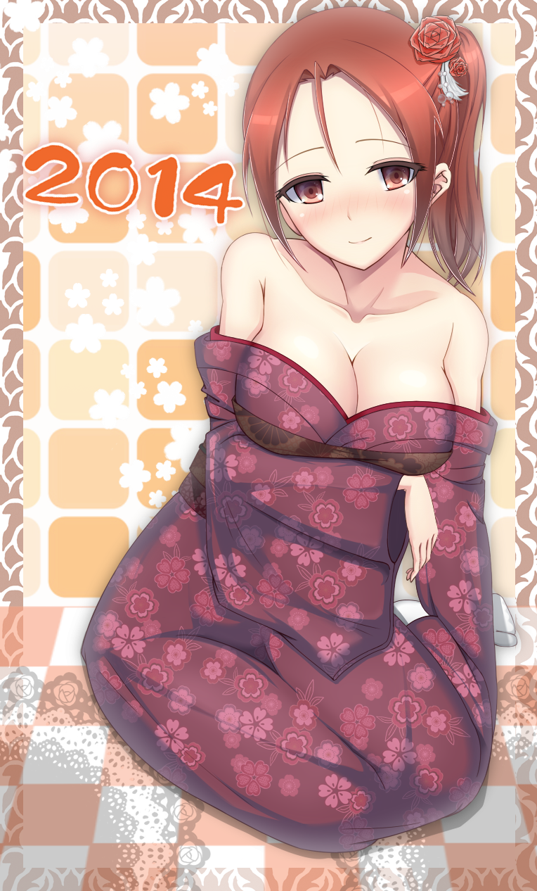 alternate_costume alternate_hairstyle bare_shoulders blush breast_lift breasts brown_eyes brown_hair cleavage flower hair_flower hair_ornament highres japanese_clothes kimono large_breasts looking_at_viewer minna-dietlinde_wilcke nmaoh off_shoulder ponytail side_ponytail sitting smile solo strike_witches world_witches_series yokozuwari