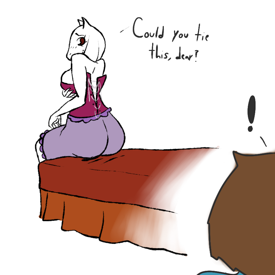 ambiguous_gender bed big_butt blush breasts butt corset english_text female horn human mammal monster protagonist_(undertale) punkinillus red_eyes text toriel undertale video_games young