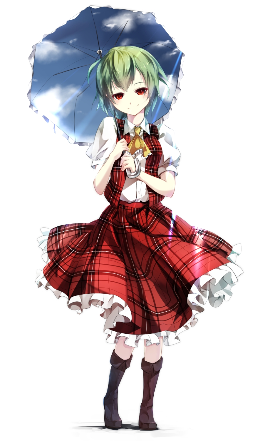 ascot blue_sky boots cloud full_body gorilla_(bun0615) green_hair highres kazami_yuuka looking_at_viewer open_clothes open_vest parasol puffy_sleeves red_eyes shirt short_hair short_sleeves simple_background skirt sky smile solo touhou umbrella vest white_background