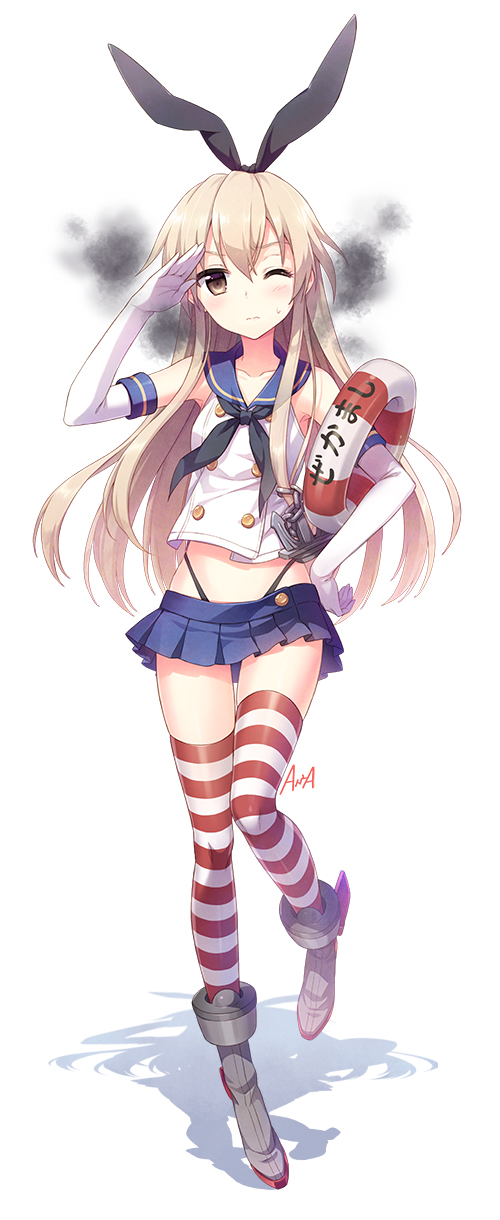 an2a anchor black_panties blonde_hair blush crop_top crop_top_overhang elbow_gloves gloves hair_ornament hairband highleg highleg_panties highres innertube kantai_collection long_hair looking_at_viewer midriff one_eye_closed panties pleated_skirt shimakaze_(kantai_collection) simple_background skirt smoke solo striped striped_legwear thigh_gap thighhighs underwear white_background white_gloves