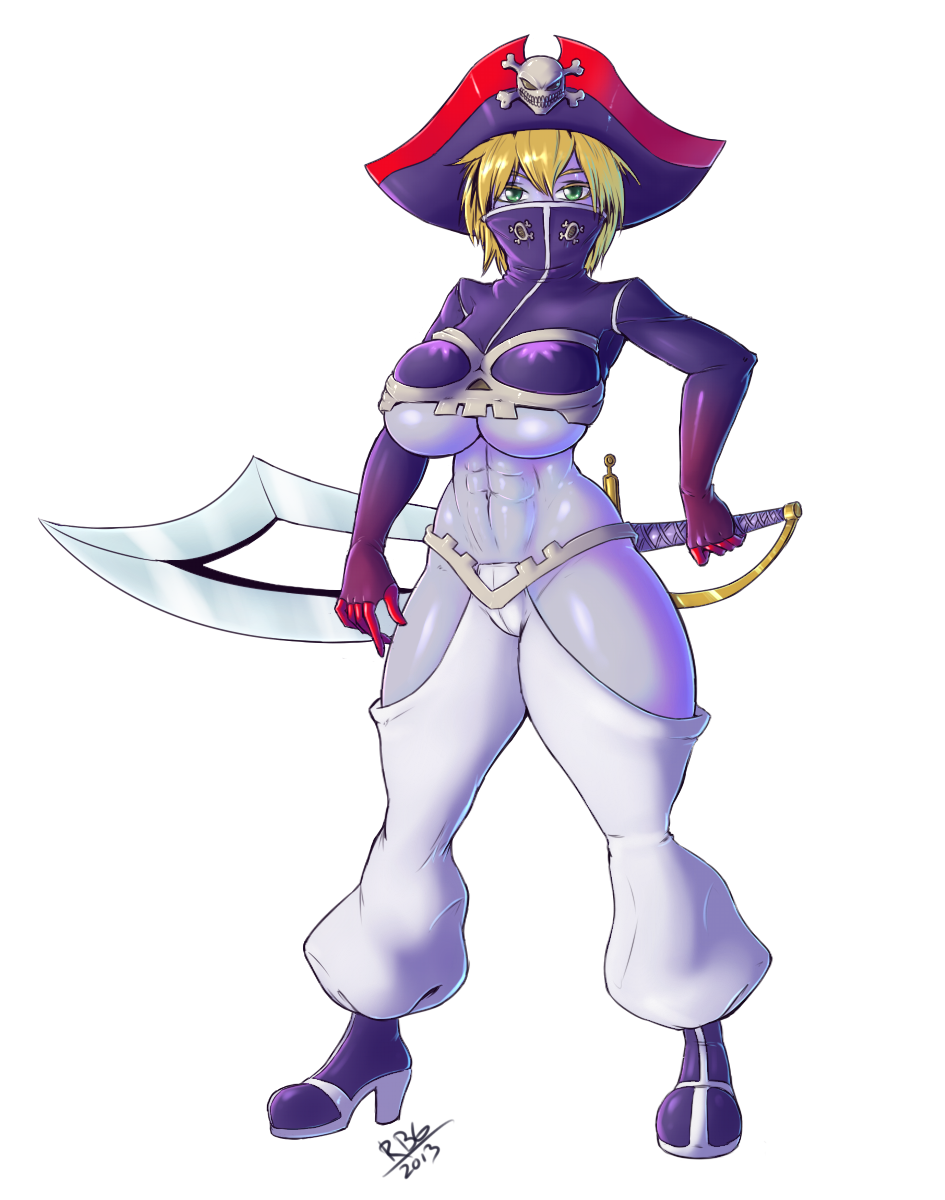 abs alternate_color bleach blonde_hair breasts cutlass_(sword) fusion green_eyes grey_skin hat high_collar highres large_breasts pirate pirate_hat randomboobguy revealing_clothes risky_boots shantae_(series) solo sword tier_harribel underboob weapon