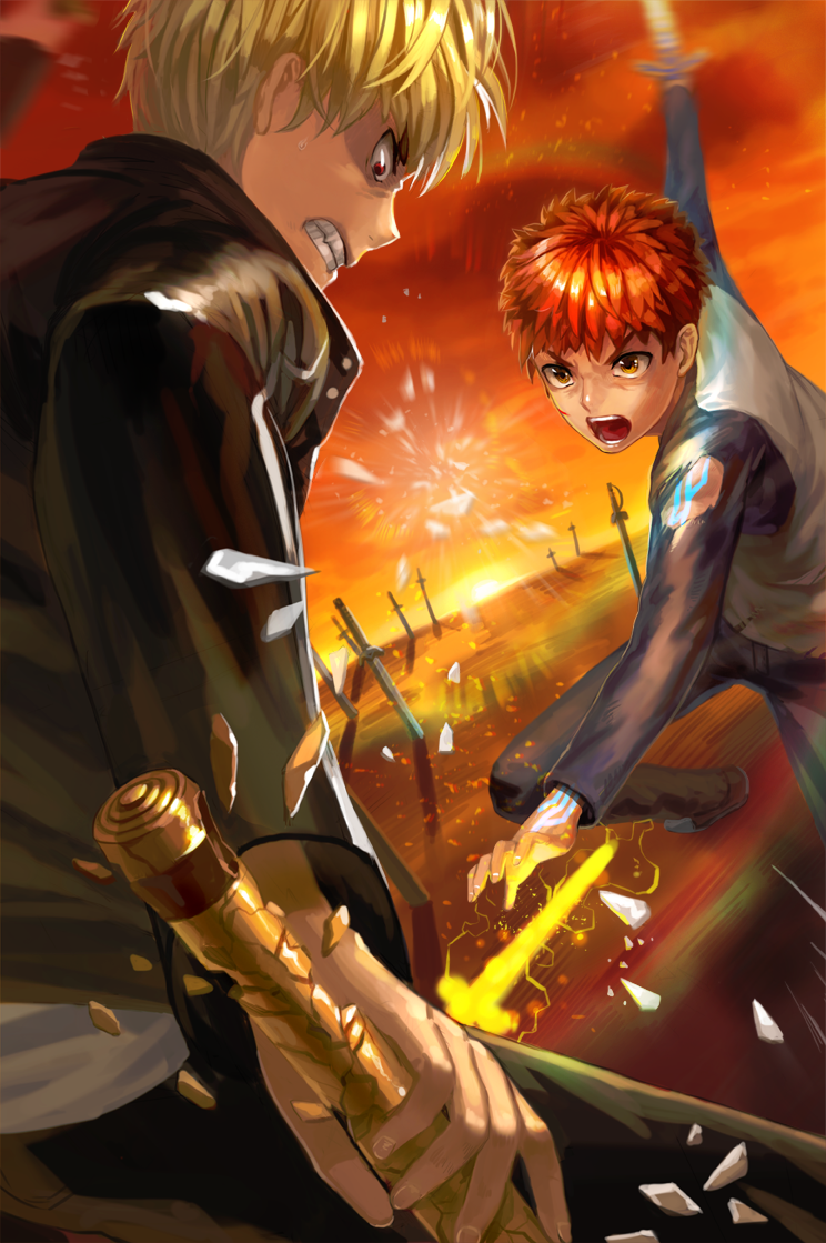 bad_id bad_pixiv_id battle blonde_hair duel emiya_shirou fang fate/stay_night fate_(series) gilgamesh kfr male_focus multiple_boys open_mouth raglan_sleeves red_eyes red_hair torn_clothes unlimited_blade_works yellow_eyes