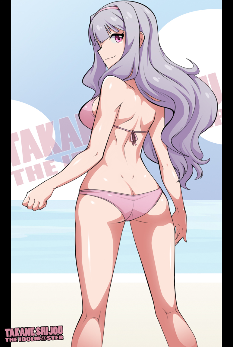 ass bikini breasts character_name dimples_of_venus from_behind hairband idolmaster idolmaster_(classic) long_hair medium_breasts pink_eyes revision shijou_takane shiny shiny_skin sideboob silver_hair smile solo spike_wible swimsuit trefoil windowboxed