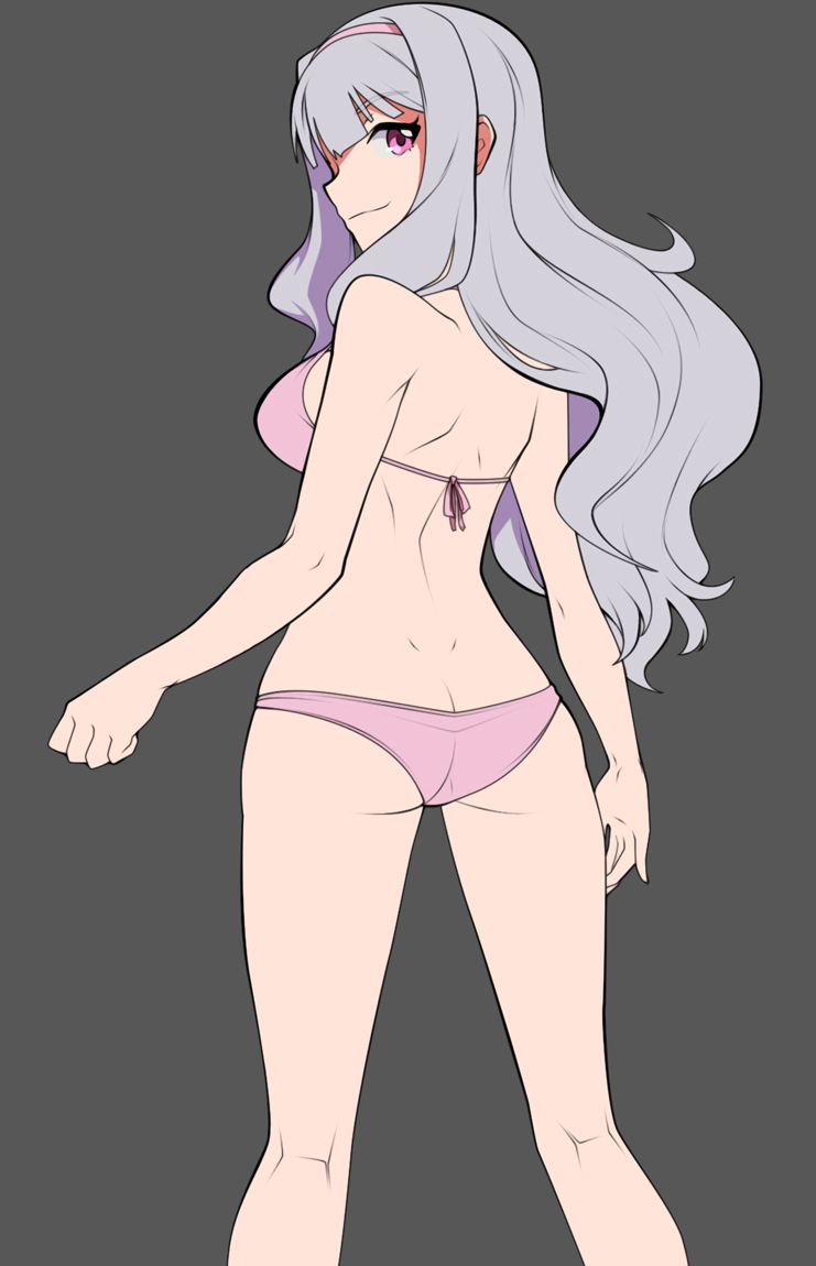 ass bikini breasts dimples_of_venus flat_color from_behind grey_background hairband idolmaster idolmaster_(classic) long_hair medium_breasts pink_eyes shijou_takane sideboob silver_hair smile solo spike_wible swimsuit work_in_progress