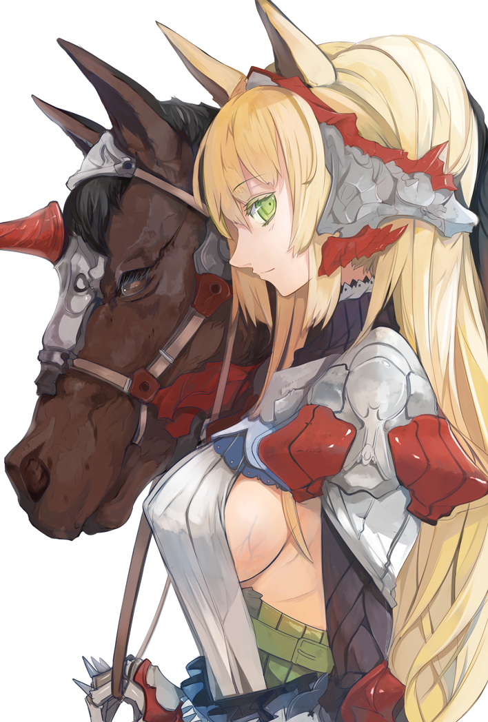 animal_ears blonde_hair breasts green_eyes horse horse_ears horse_girl large_breasts light_smile long_hair original pupps sideboob simple_background solo veins white_background