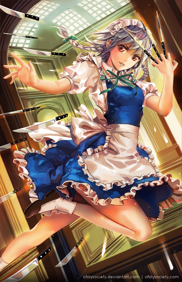 alice_jing apron bare_legs between_fingers bow braid dutch_angle hair_bow hallway head_tilt izayoi_sakuya jumping knife leg_up legs long_legs looking_at_viewer maid_headdress open_hand outstretched_arm parted_lips puffy_short_sleeves puffy_sleeves red_eyes ribbon short_hair short_sleeves silver_hair skirt skirt_set socks solo thighs touhou twin_braids waist_apron watermark