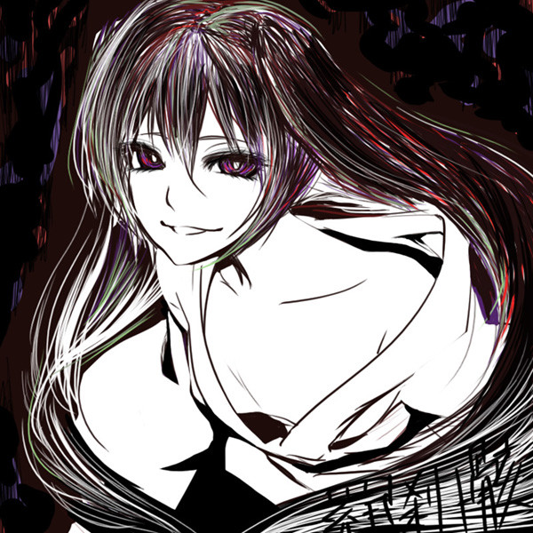 abstract_background alternate_costume black_hair breasts copyright_name downblouse hatsune_miku horror_(theme) japanese_clothes kimono leaning_forward long_hair looking_at_viewer musunde_hiraite_rasetsu_to_mukuro_(vocaloid) off_shoulder poaro purple_eyes small_breasts smile snake_mouth solo twintails upper_body very_long_hair vocaloid white_skin