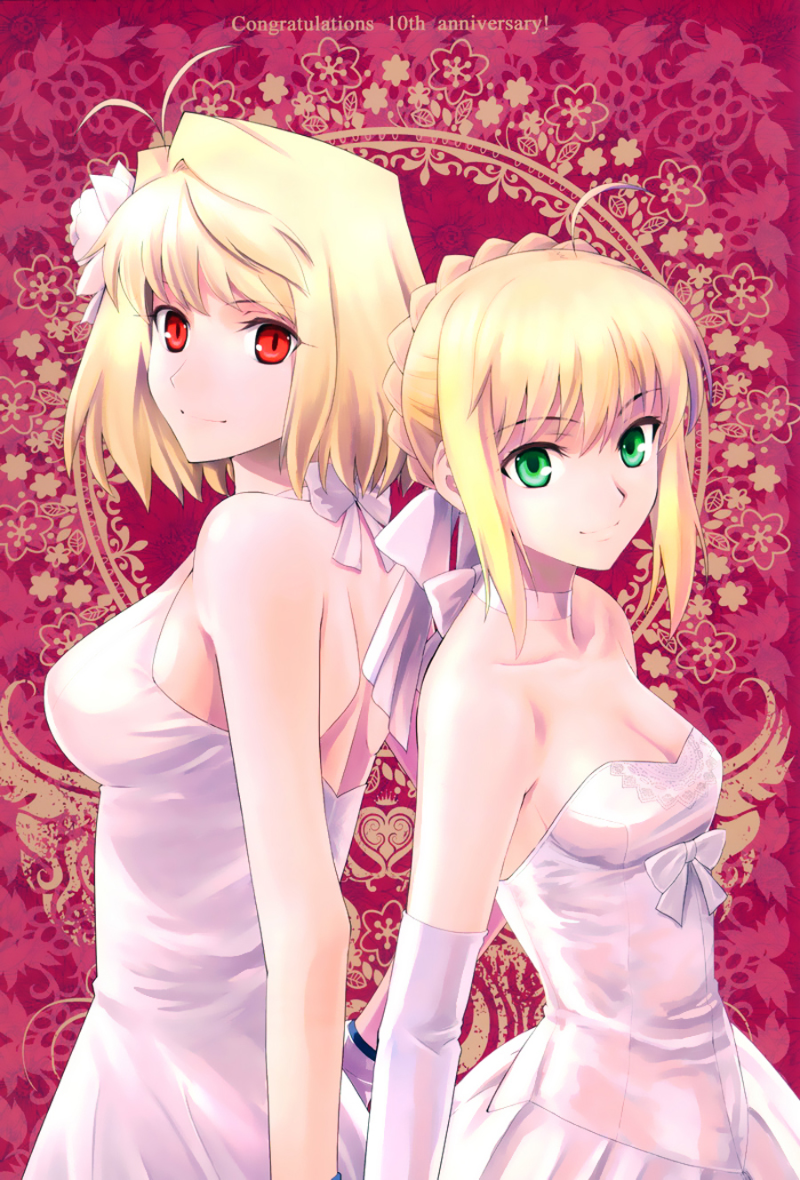 ahoge alternate_costume anniversary antenna_hair arcueid_brunestud artoria_pendragon_(all) back-to-back blonde_hair braid breasts choker cleavage congratulations dress fate/stay_night fate_(series) flower french_braid gloves green_eyes hair_flower hair_ornament hair_ribbon highres multiple_girls red_eyes ribbon saber shirotsumekusa short_hair sidelocks slit_pupils small_breasts tsukihime white_dress white_gloves