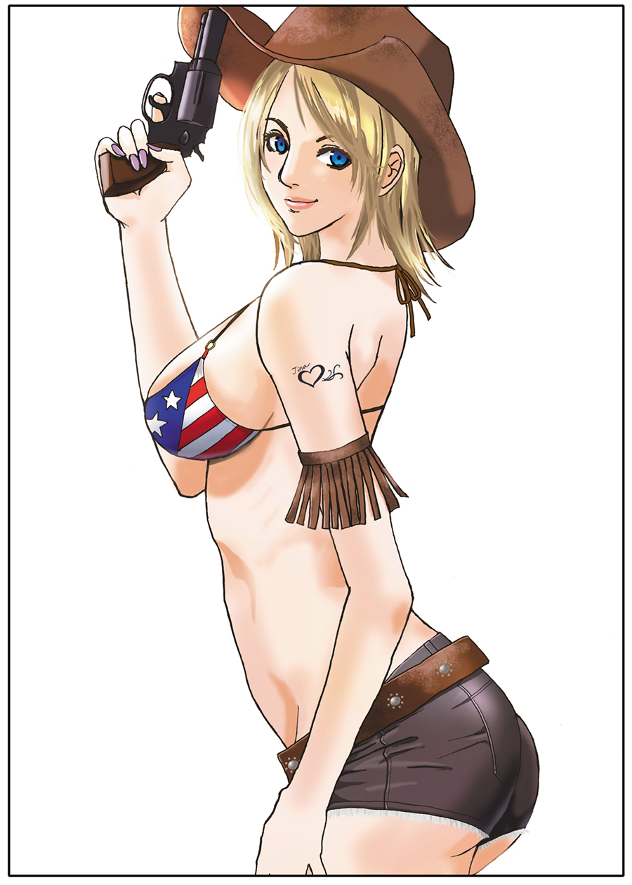 1girl ass bikini_top blonde_hair breasts cowboy_hat dead_or_alive ears fingernails gun hat homare_(fool's_art) homare_(fool's_art) large_breasts lipstick makeup midriff shorts sideboob simple_background smile solo tattoo tecmo tina_armstrong unbuttoned weapon white_background