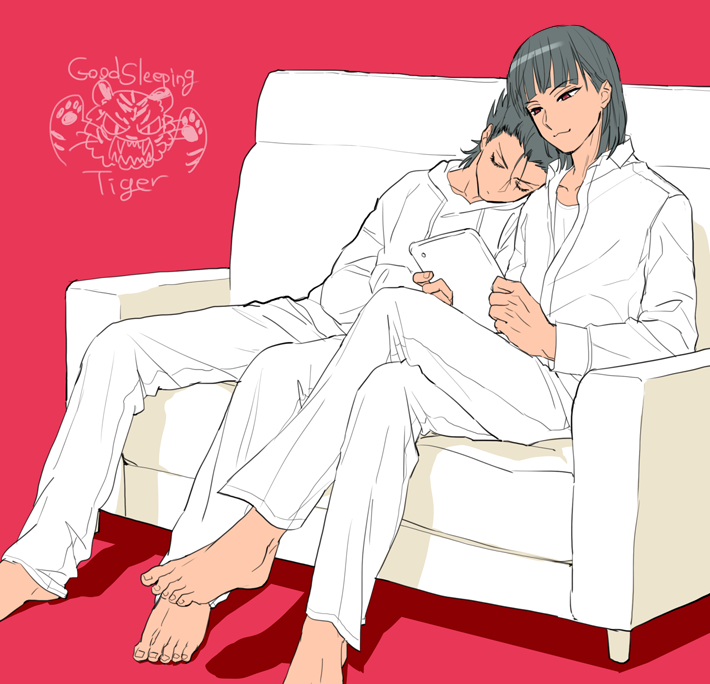 barefoot brothers couch feet ginga_e_kickoff!! hood hoodie kinokooooo leaning legs_crossed male_focus multiple_boys reading shirt shoulder_pillow siblings simple_background sitting sleeping sofa tablet toes white_pants white_shirt white_upholstery