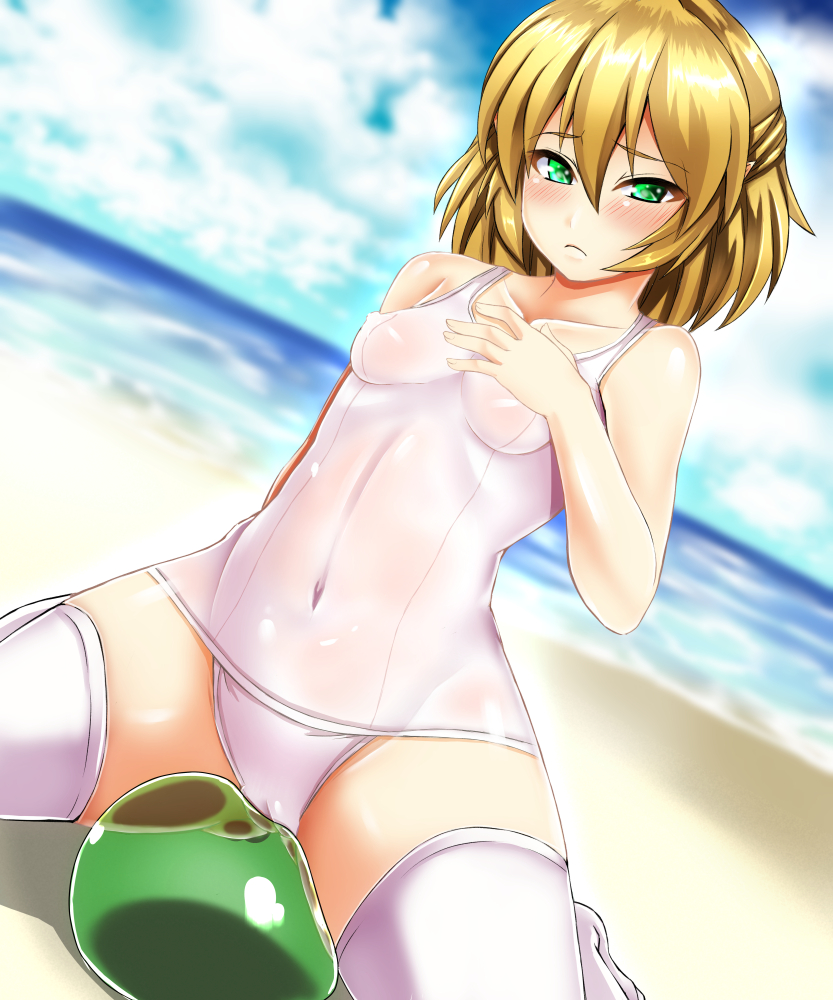 beach blonde_hair blush breasts cameltoe covered_navel covered_nipples day ebi_193 green_eyes looking_at_viewer md5_mismatch mizuhashi_parsee one-piece_swimsuit pointy_ears school_swimsuit shiny shiny_clothes shiny_skin short_hair skindentation small_breasts solo swimsuit thighhighs touhou white_legwear white_swimsuit
