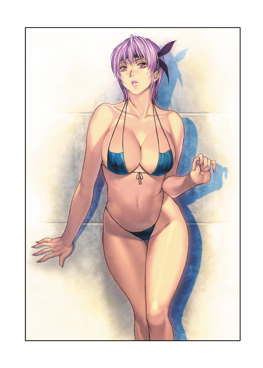 arm_support ayane_(doa) bikini breasts cleavage collarbone dead_or_alive fingernails front-tie_top halterneck headband highleg highleg_bikini highleg_swimsuit highres homare_(fool's_art) large_breasts leaning_forward looking_at_viewer nail_polish navel parted_lips pink_eyes purple_hair shadow short_hair solo swimsuit thigh_gap