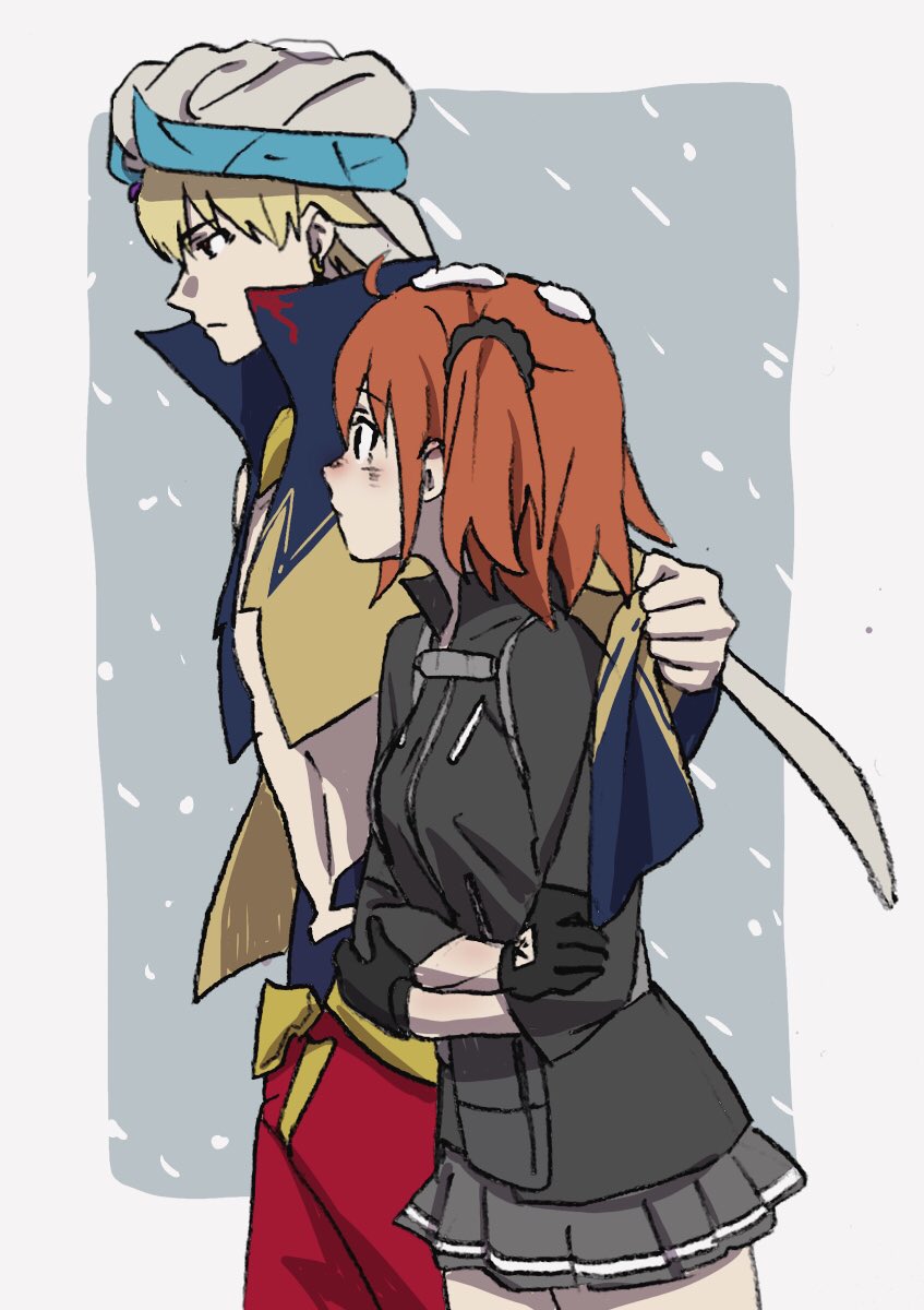 1boy 1girl ahoge alternate_costume black_gloves black_scrunchie blonde_hair blush closed_mouth cold commentary_request cowboy_shot fate/grand_order fate_(series) from_side fujimaru_ritsuka_(female) gilgamesh gilgamesh_(caster)_(fate) gloves grey_background grey_jacket grey_skirt hair_ornament hair_scrunchie high_collar highres horns jacket mi_(pic52pic) one_side_up orange_hair pleated_skirt scrunchie shirtless skirt snowing standing turban walking