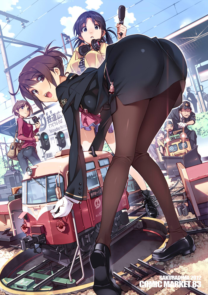 3girls 4girls :d ascot ass bag bent_over black_eyes black_hair black_legwear brown_eyes brown_hair camera character_request cloud comiket_83 commentary_request day gloves ground_vehicle hair_ornament hairclip headphones kirenenko looking_at_viewer microphone minimized model multiple_boys multiple_girls open_mouth original pants pantyhose pencil_skirt power_lines rail_wars! railroad_tracks revision short_hair skirt sky smile tied_hair train train_attendant twintails uniform usavich vania600 white_gloves