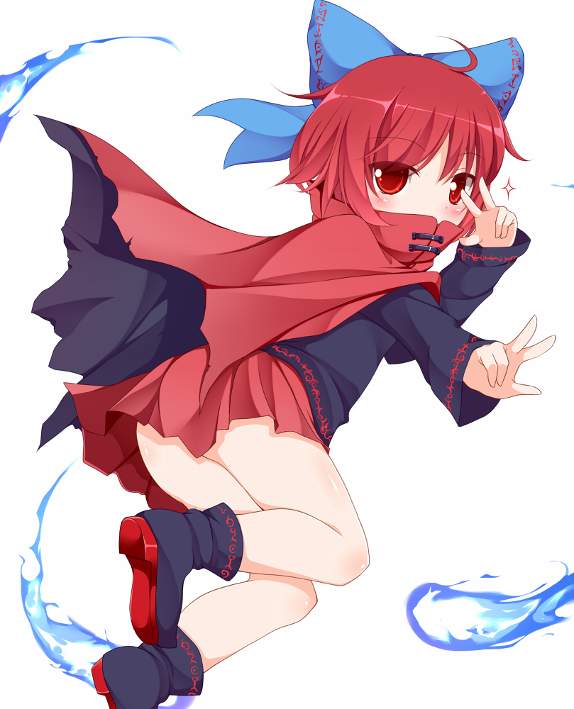 bow cape hair_bow hitodama looking_back nikku_(ra) red_eyes red_hair revision sekibanki solo thighs touhou v_over_eye