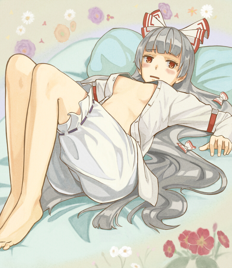 bad_id bad_pixiv_id barefoot bloomers blush dress_shirt fujiwara_no_mokou hair_ribbon long_hair lying no_bra no_pants on_back open_clothes open_shirt p_no_hito red_eyes revision ribbon shirt silver_hair solo touhou underwear very_long_hair