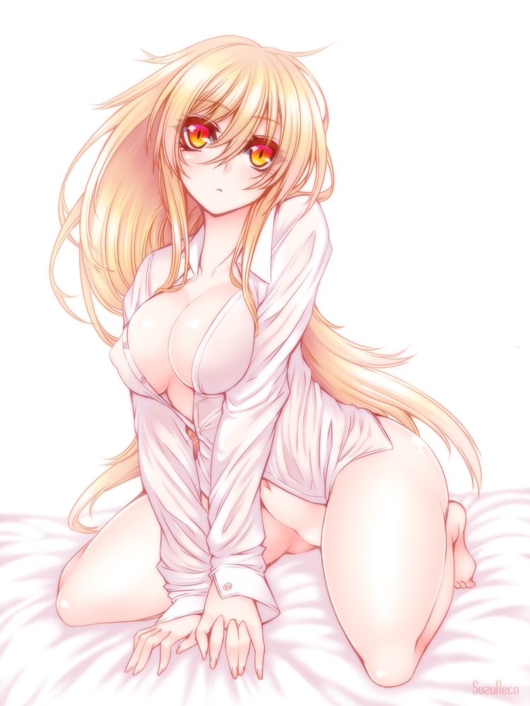 bad_id bad_pixiv_id barefoot blonde_hair breasts cleavage collarbone covered_nipples full_body large_breasts long_hair looking_at_viewer naked_shirt red_eyes revision sakura-sou_no_pet_na_kanojo see-through shiina_mashiro shirt simple_background sitting solo suzuneko_(yume_no_kyoukai) very_long_hair white_background white_shirt