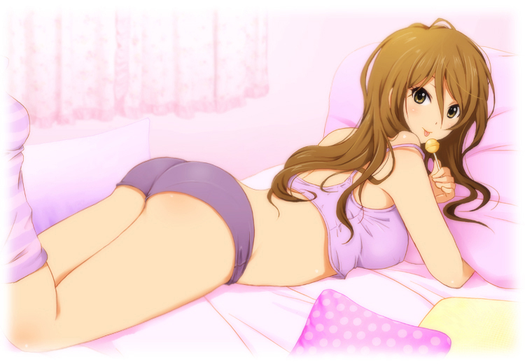ass bed boyshorts brown_eyes brown_hair candy crop_top crop_top_overhang extra food k-on! licking lollipop long_hair looking_at_viewer looking_back lying midriff off_shoulder on_stomach pantylines pillow revision shian_(my_lonly_life.) short_shorts shorts socks solo strap_slip tachibana_himeko tongue