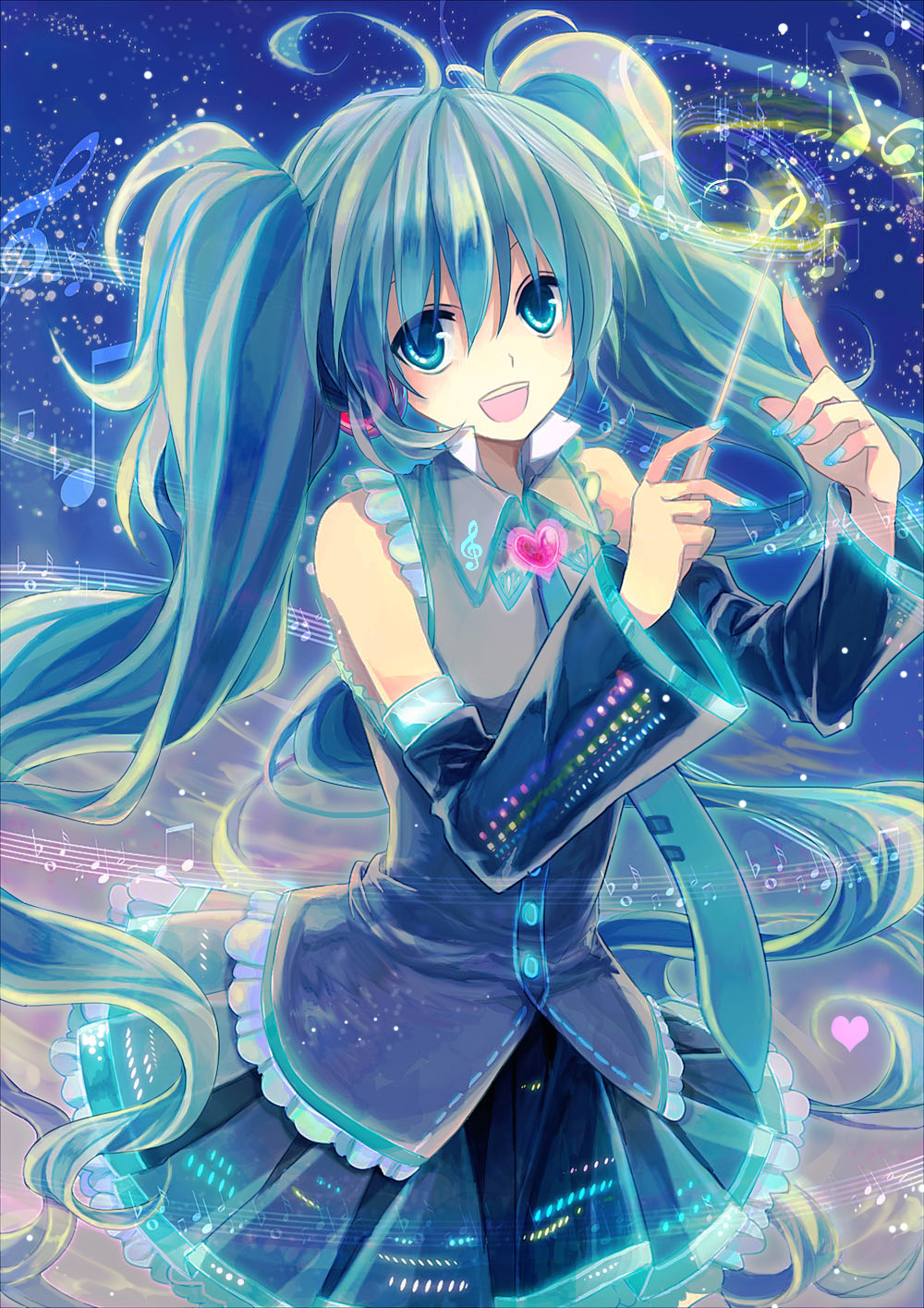 ahoge aqua_eyes aqua_hair bad_id bad_pixiv_id baton_(instrument) beamed_eighth_notes beamed_sixteenth_notes detached_sleeves flat_sign half_note hatsune_miku heart highres long_hair musical_note nail_polish necktie open_mouth quarter_note revision sharp_sign sixteenth_note smile solo staff_(music) t_miyanagi treble_clef twintails vocaloid whole_note