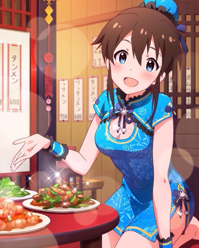 :d blue_eyes blush brown_hair china_dress chinese_clothes dress food hair_bun idolmaster idolmaster_million_live! looking_at_viewer official_art open_mouth satake_minako smile solo sparkle
