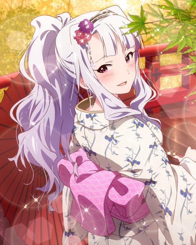 artist_request blush hair_ornament heart idolmaster idolmaster_(classic) idolmaster_million_live! japanese_clothes kimono long_hair looking_at_viewer looking_back official_art pink_eyes shijou_takane silver_hair