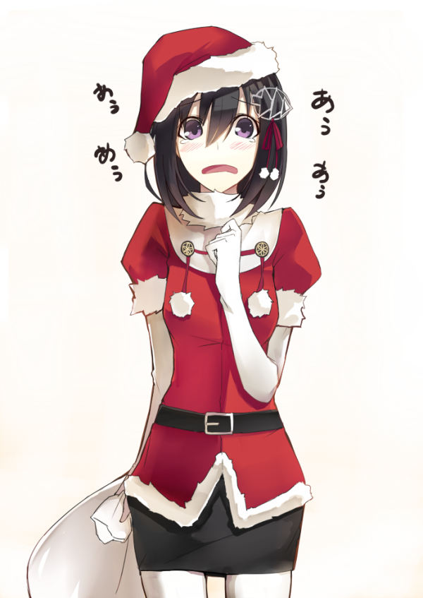 adapted_costume black_hair blush christmas_tree elbow_gloves embarrassed gloves haguro_(kantai_collection) hair_ornament hat kantai_collection kauto open_mouth pantyhose santa_costume santa_hat short_hair simple_background skirt solo tears white_background white_gloves