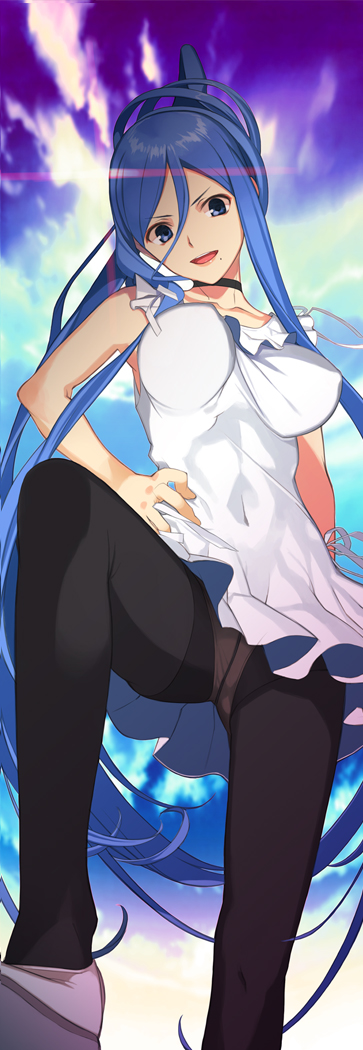 aoki_hagane_no_arpeggio black_legwear blue_eyes blue_hair breasts choker covered_navel crotch_seam dress from_below hair_between_eyes hand_on_hip high_heels impossible_clothes impossible_dress large_breasts leg_up long_hair mibu_natsuki mole mole_under_mouth panties panties_under_pantyhose pantyhose ponytail revision sidelocks sky smile solo takao_(aoki_hagane_no_arpeggio) underwear upskirt very_long_hair white_dress white_panties