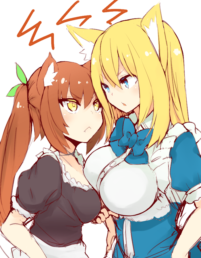 :&lt; alternate_costume angry animal_ear_fluff animal_ears blonde_hair blue_eyes bow breast_contest breast_poke breasts brown_hair cat_ears closed_mouth enmaided eye_contact fang fang_out fox_ears frills futaba_aoi impossible_clothes impossible_shirt large_breasts long_hair looking_at_another maid multiple_girls naomi_(sekai_no_hate_no_kissaten) neko_(naomi) original poking shirt twintails v-shaped_eyebrows yellow_eyes