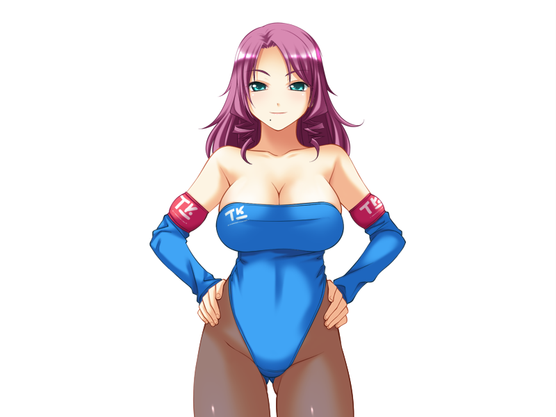 1girl asakura_sakura bare_shoulders blush breasts cleavage detached_sleeves drill_hair elbow_gloves female game_cg gloves green_eyes hands_on_hips highres large_breasts leotard long_hair looking_at_viewer mama_no_undoukai mole pantyhose purple_hair simple_background smile solo standing strapless transparent_background twin_drills white_background
