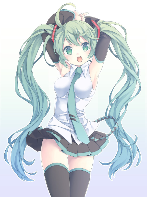 armpits arms_up bad_id bad_pixiv_id detached_sleeves green_eyes green_hair hatsune_miku levka long_hair necktie open_mouth skirt solo thighhighs twintails very_long_hair vocaloid
