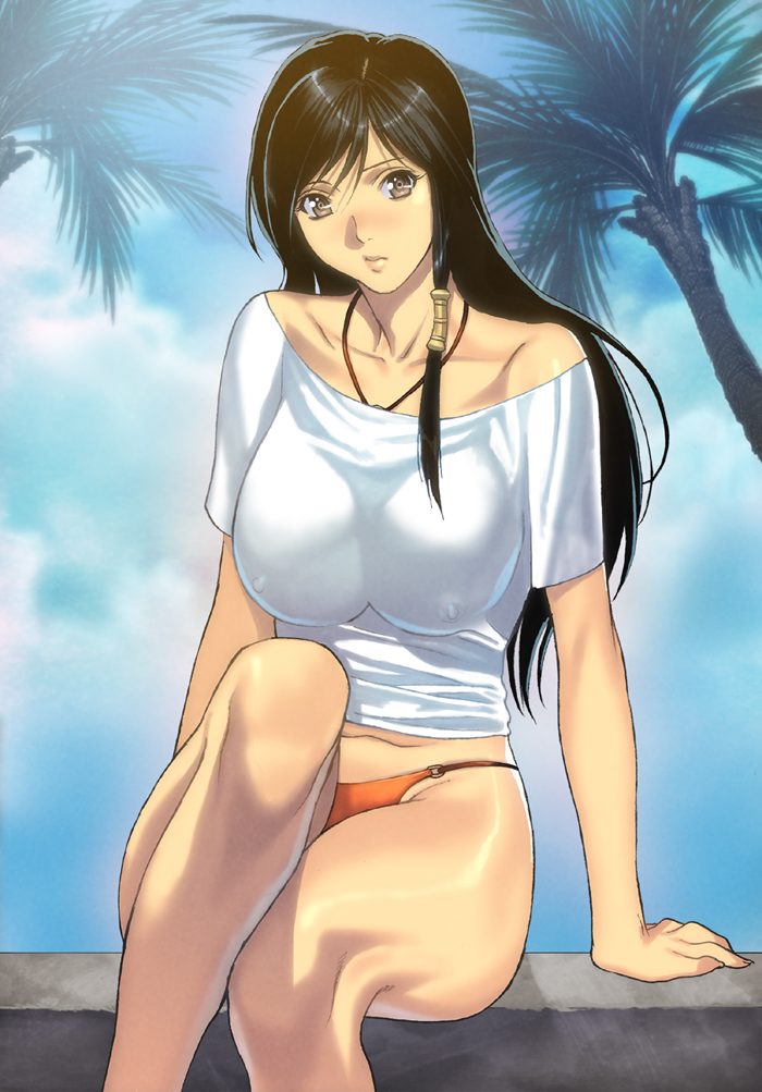 arm_support bikini_bottom black_hair blush breasts brown_eyes cloud covered_nipples day dead_or_alive hair_tubes halterneck homare_(fool's_art) kokoro_(doa) large_breasts long_hair looking_at_viewer navel no_pants o-ring o-ring_bottom outdoors palm_tree sitting sky solo swimsuit swimsuit_under_clothes tree