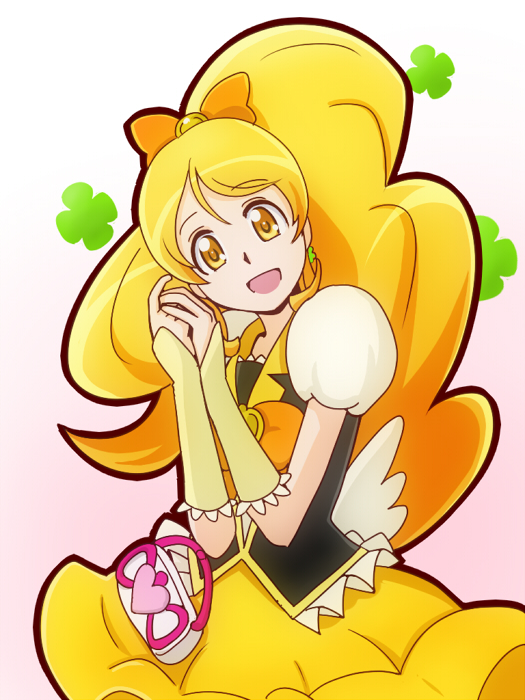 bakusai blonde_hair bow bowtie cure_honey earrings hair_bow happinesscharge_precure! jewelry long_hair magical_girl oomori_yuuko precure skirt smile solo wide_ponytail wrist_cuffs yellow_eyes yellow_skirt
