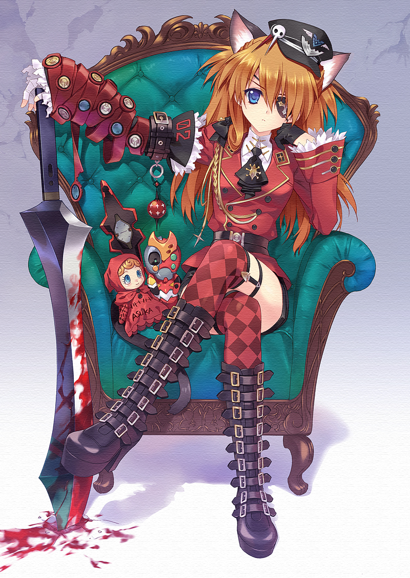 alternate_costume animal_ears argyle argyle_legwear armchair bandages black_gloves blood bloody_weapon blue_eyes boots brown_hair carnelian cat_ears cat_tail chair crossed_legs evangelion:_3.0_you_can_(not)_redo eyepatch gloves hat long_hair looking_at_viewer neon_genesis_evangelion planted_sword planted_weapon rebuild_of_evangelion revision shikinami_asuka_langley sitting solo souryuu_asuka_langley sword tail thighhighs too_many_belts weapon