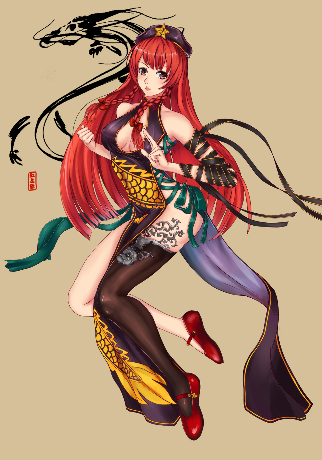 alternate_costume alternate_eye_color bare_shoulders braid breasts china_dress chinese_clothes covered_nipples dress hair_ribbon hat highres hong_meiling long_hair medium_breasts red_eyes red_hair ribbon shoes single_thighhigh solo star thighhighs touhou twin_braids ytoy