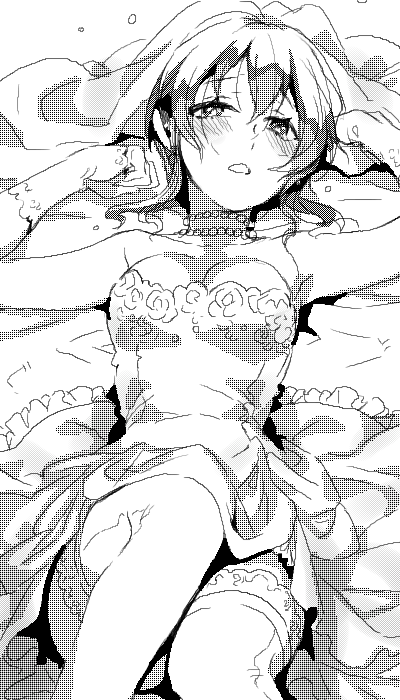 arms_up bad_id bad_pixiv_id bare_shoulders blush breasts cowboy_shot dress greyscale jewelry julion_(akesuzu) knee_up looking_at_viewer lying medium_breasts monochrome necklace on_back original parted_lips short_hair solo thighhighs wedding_dress
